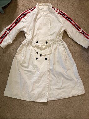 Miu Miu White Trench Coat with Red Logo Stripe Gucci Back